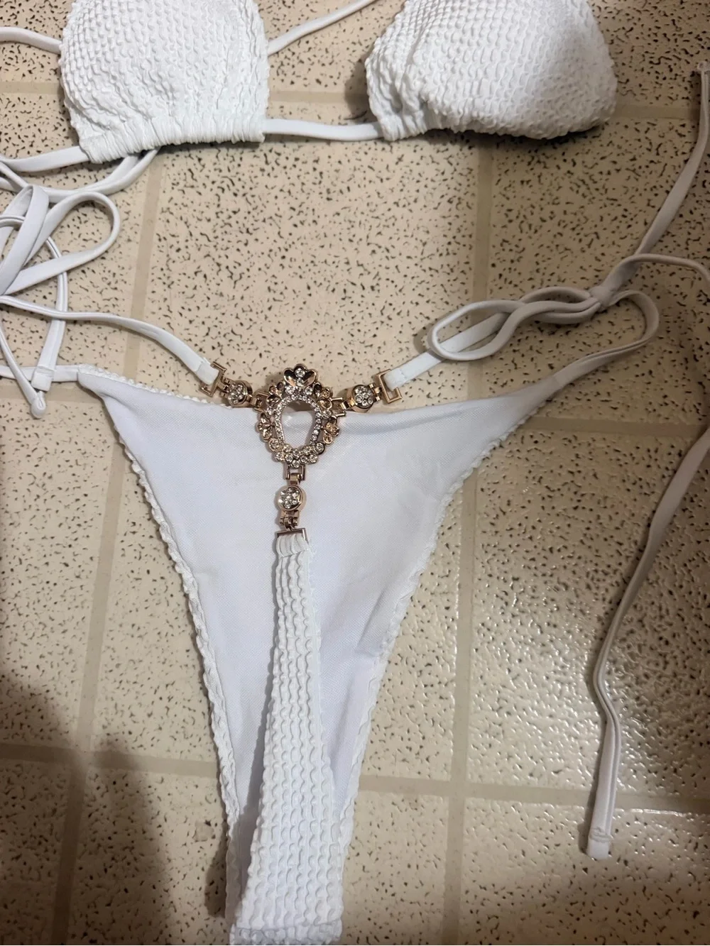 White Two-Piece String Bikini with Jeweled back Accent